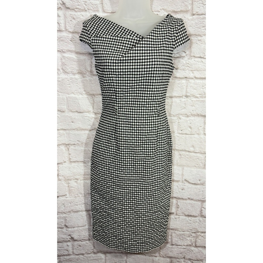 Joseph‎ Ribkoff Womens US 4 Black White Gingham Plaid Textured Sheath Dress